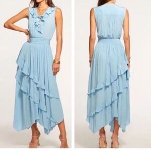 NWT Ramy Brook Hadlee Ruffle Maxi Dress Light‎ Blue Ruffle Asymmetric Size L